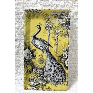 Fringe Studio Peacock Tray Yellow Black chinoiserie 9" x 6" Decorative